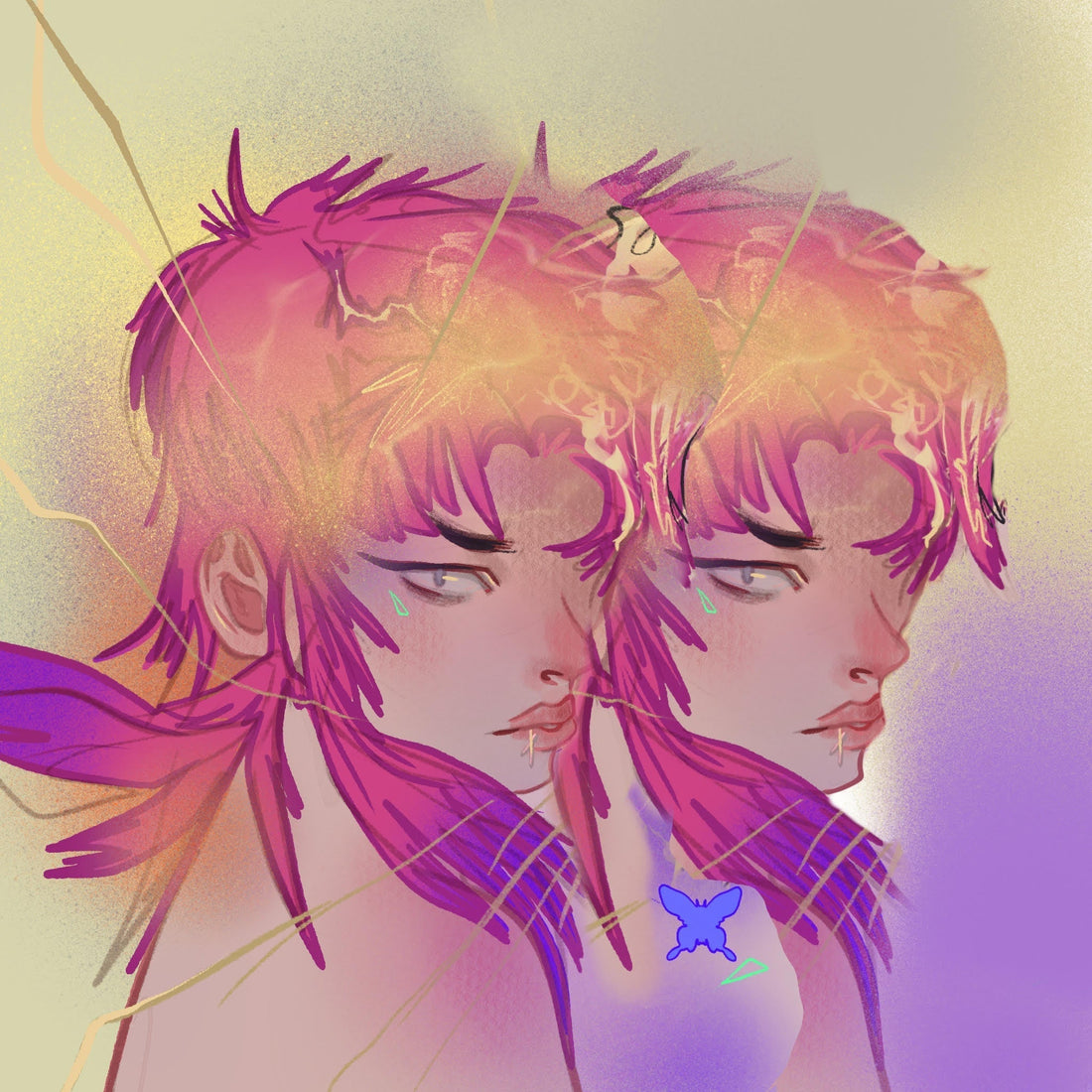 visual art featuring a mirrored character with a pink and purple mullet.